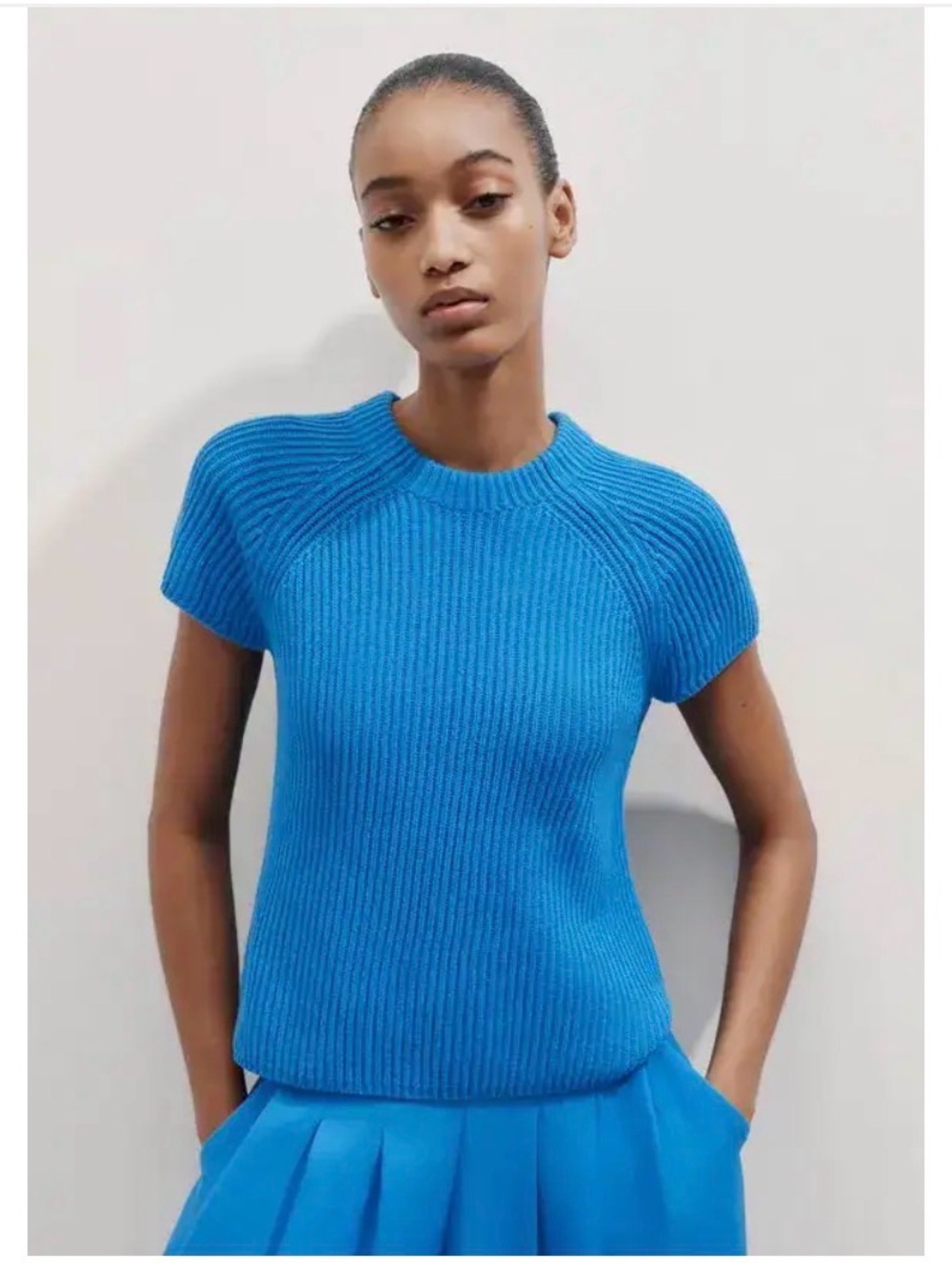 ME+EM Soft White Soft-Touch Cotton Rib Knit Tee Topaz Blue Short Sleeve Size S